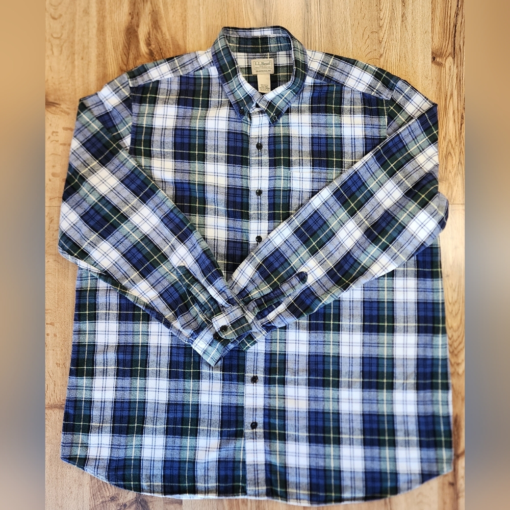 LL Bean Mens XXL Tall Flannel Shirt Blue Green Plaid Traditional Fit 228056